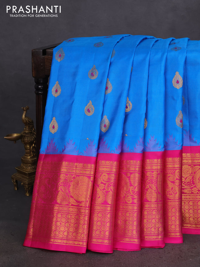 Pure gadwal silk saree cs blue and pink with zari woven buttas and temple design zari woven border