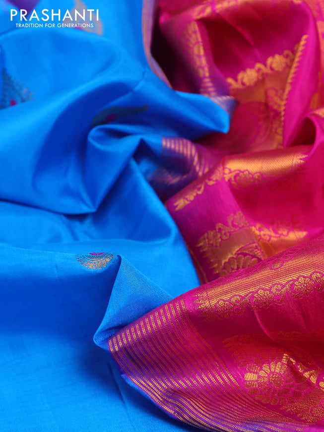 Pure gadwal silk saree cs blue and pink with zari woven buttas and temple design zari woven border