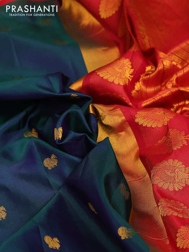 Pure gadwal silk saree dual shade of bluish green and red with annam zari woven buttas and temple design zari woven border