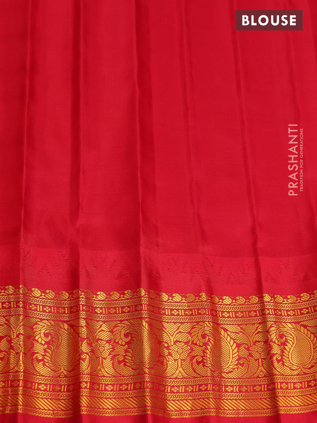 Pure gadwal silk saree dual shade of bluish green and red with annam zari woven buttas and temple design zari woven border