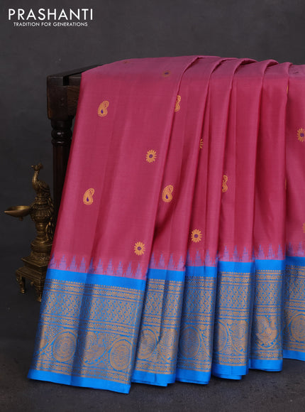 Pure gadwal silk saree mauve pink and cs blue with zari woven buttas and temple design zari woven border