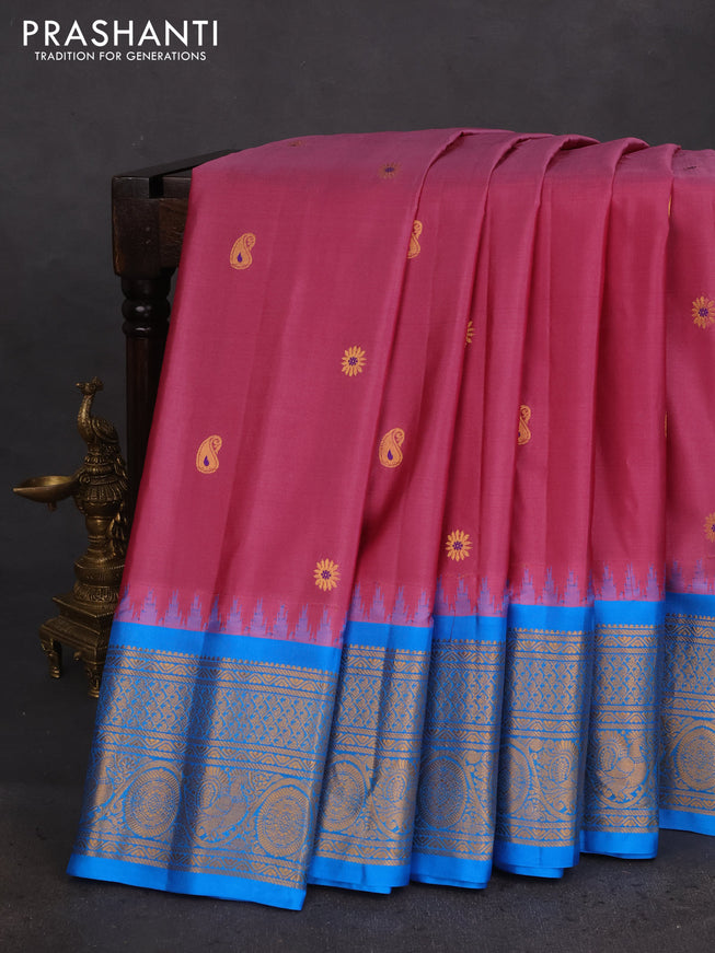 Pure gadwal silk saree mauve pink and cs blue with zari woven buttas and temple design zari woven border