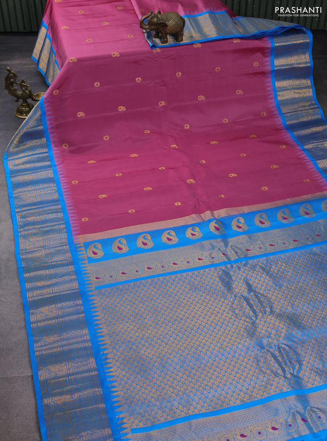 Pure gadwal silk saree mauve pink and cs blue with zari woven buttas and temple design zari woven border