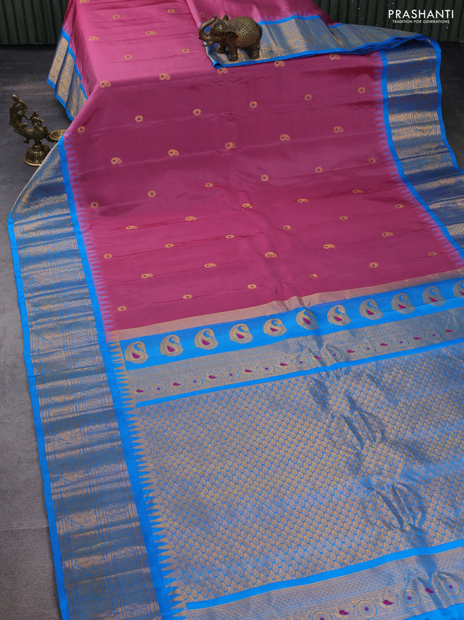 Pure gadwal silk saree mauve pink and cs blue with zari woven buttas and temple design zari woven border