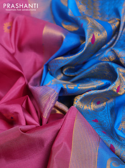 Pure gadwal silk saree mauve pink and cs blue with zari woven buttas and temple design zari woven border