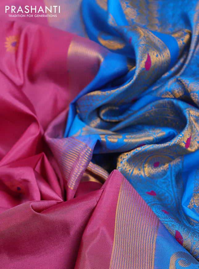 Pure gadwal silk saree mauve pink and cs blue with zari woven buttas and temple design zari woven border