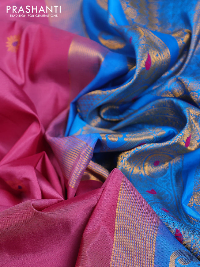 Pure gadwal silk saree mauve pink and cs blue with zari woven buttas and temple design zari woven border