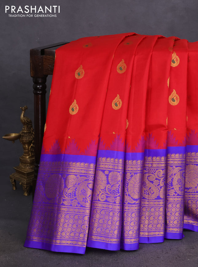 Pure gadwal silk saree red and blue with annam zari woven buttas and long rettapet zari woven border