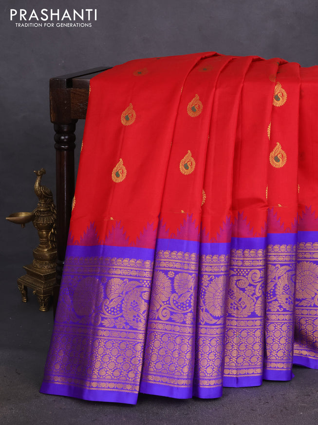 Pure gadwal silk saree red and blue with annam zari woven buttas and long rettapet zari woven border