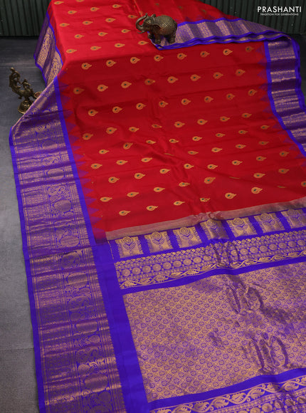 Pure gadwal silk saree red and blue with annam zari woven buttas and long rettapet zari woven border