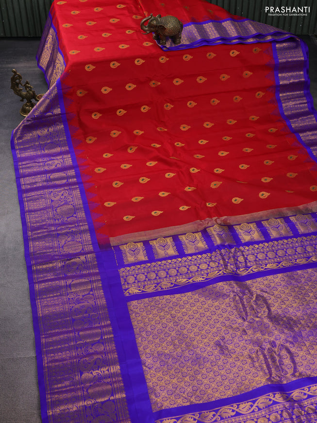 Pure gadwal silk saree red and blue with annam zari woven buttas and long rettapet zari woven border