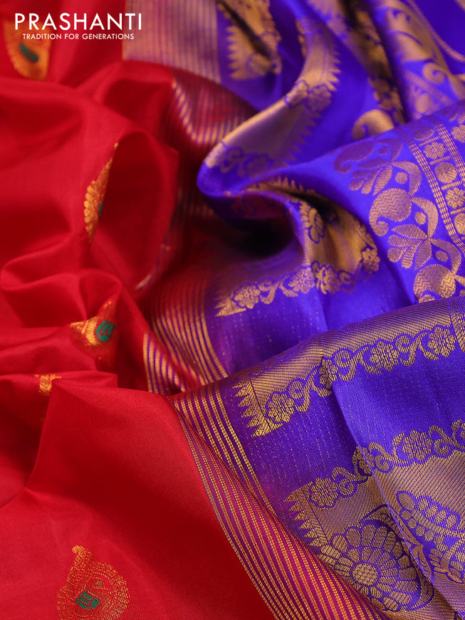 Pure gadwal silk saree red and blue with annam zari woven buttas and long rettapet zari woven border