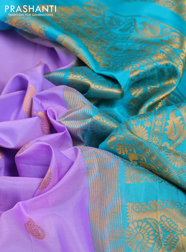 Pure gadwal silk saree lavender shade and teal green with zari woven buttas and temple design zari woven border