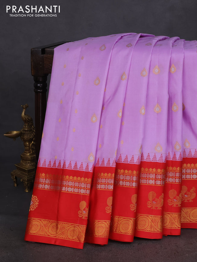 Pure gadwal silk saree lavender shade and red with zari woven buttas and temple design zari woven border