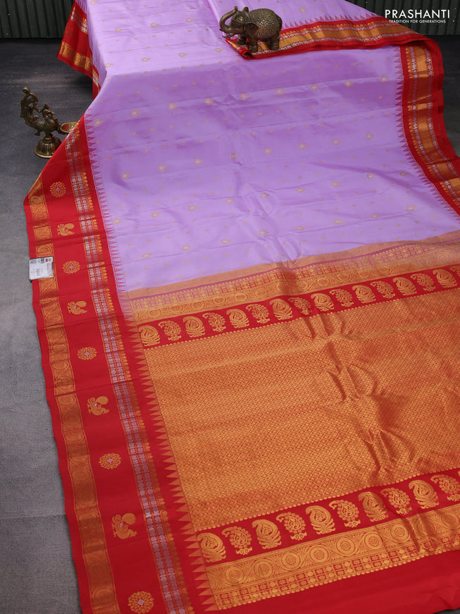 Pure gadwal silk saree lavender shade and red with zari woven buttas and temple design zari woven border