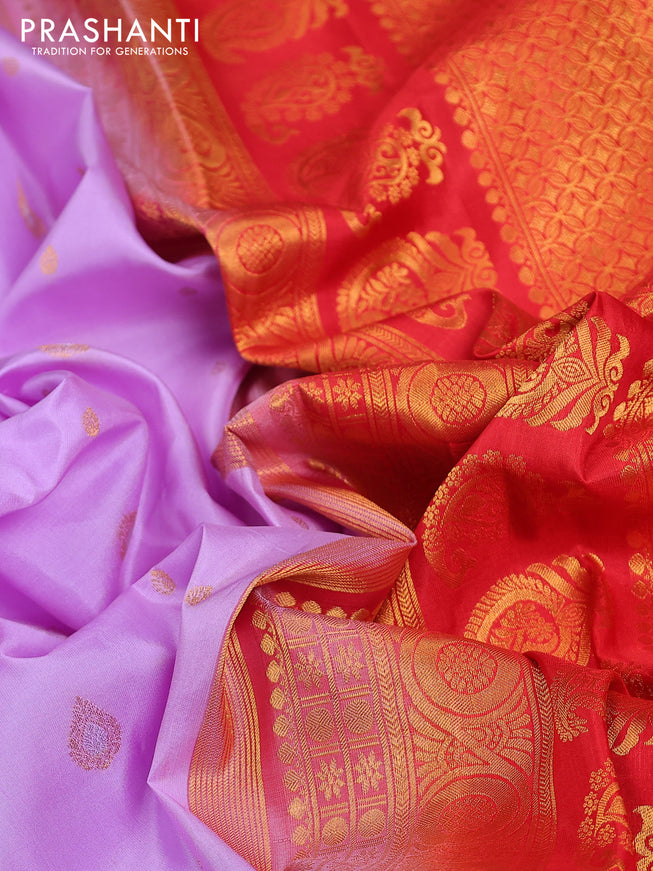 Pure gadwal silk saree lavender shade and red with zari woven buttas and temple design zari woven border
