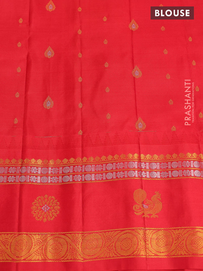 Pure gadwal silk saree lavender shade and red with zari woven buttas and temple design zari woven border
