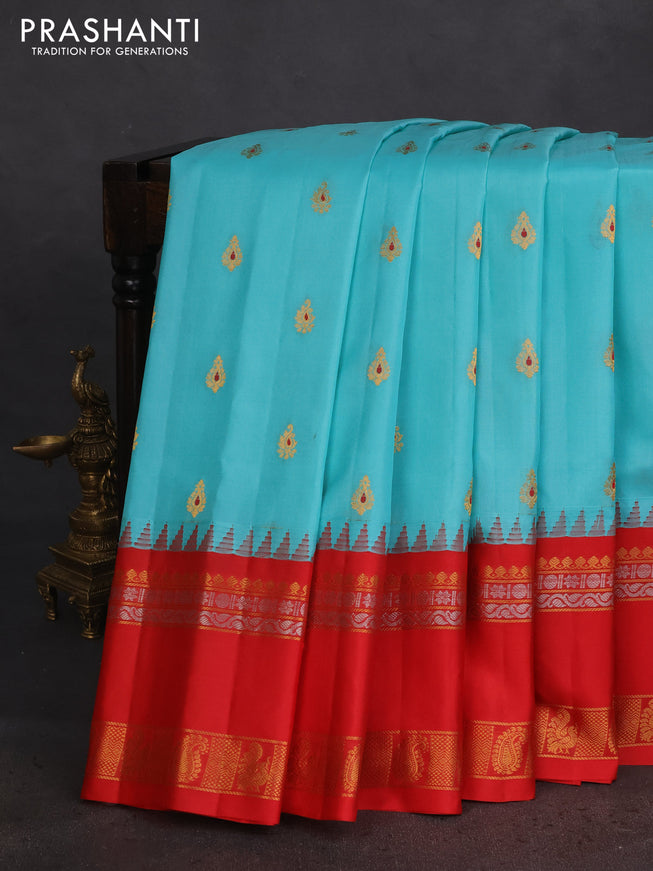 Pure gadwal silk saree teal blue and red with zari woven buttas and temple design zari woven border