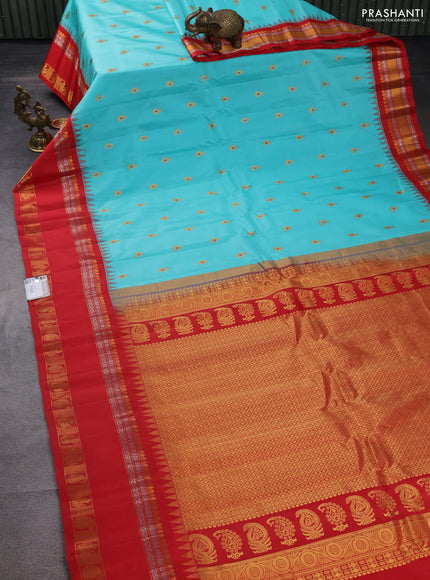 Pure gadwal silk saree teal blue and red with zari woven buttas and temple design zari woven border
