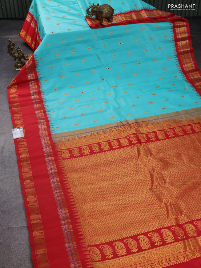 Pure gadwal silk saree teal blue and red with zari woven buttas and temple design zari woven border