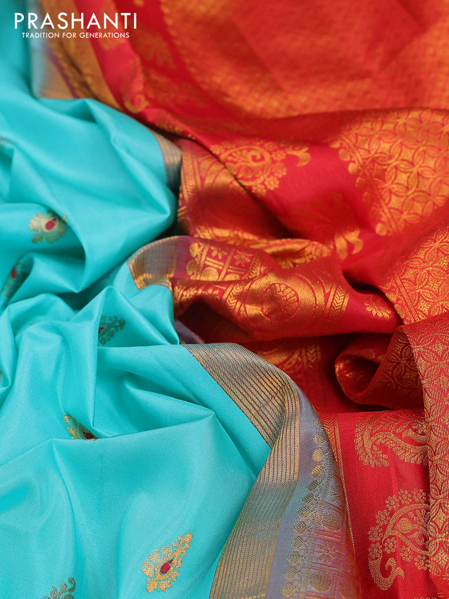 Pure gadwal silk saree teal blue and red with zari woven buttas and temple design zari woven border