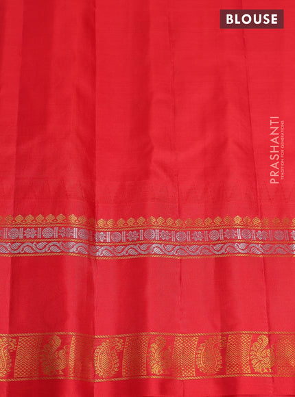 Pure gadwal silk saree teal blue and red with zari woven buttas and temple design zari woven border
