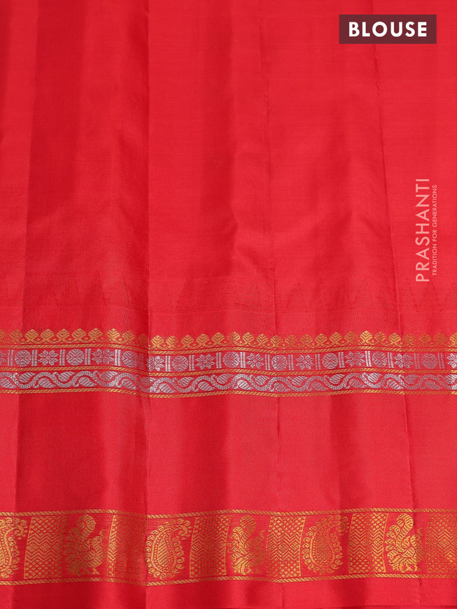 Pure gadwal silk saree teal blue and red with zari woven buttas and temple design zari woven border