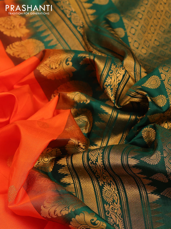 Pure gadwal silk saree orange and green with zari woven buttas and temple design zari woven border
