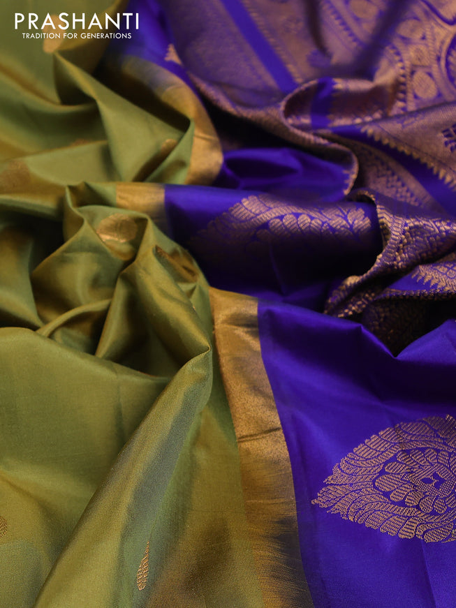 Pure gadwal silk saree mehendi green and blue with zari woven buttas and temple design zari woven border
