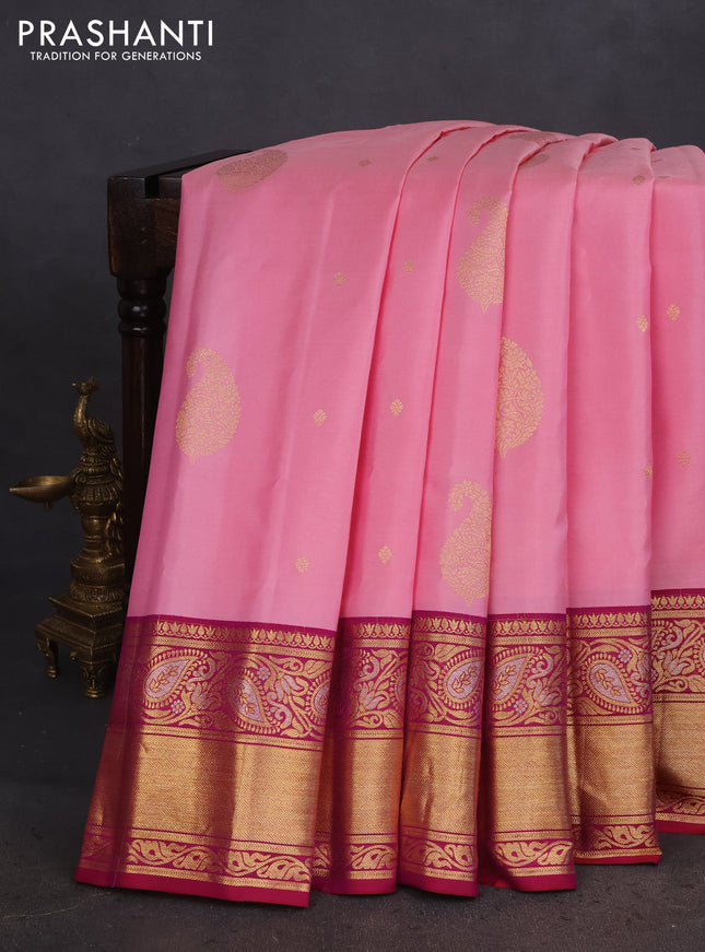 Pure gadwal silk saree peach pink and dark pink with zari woven buttas and zari woven border