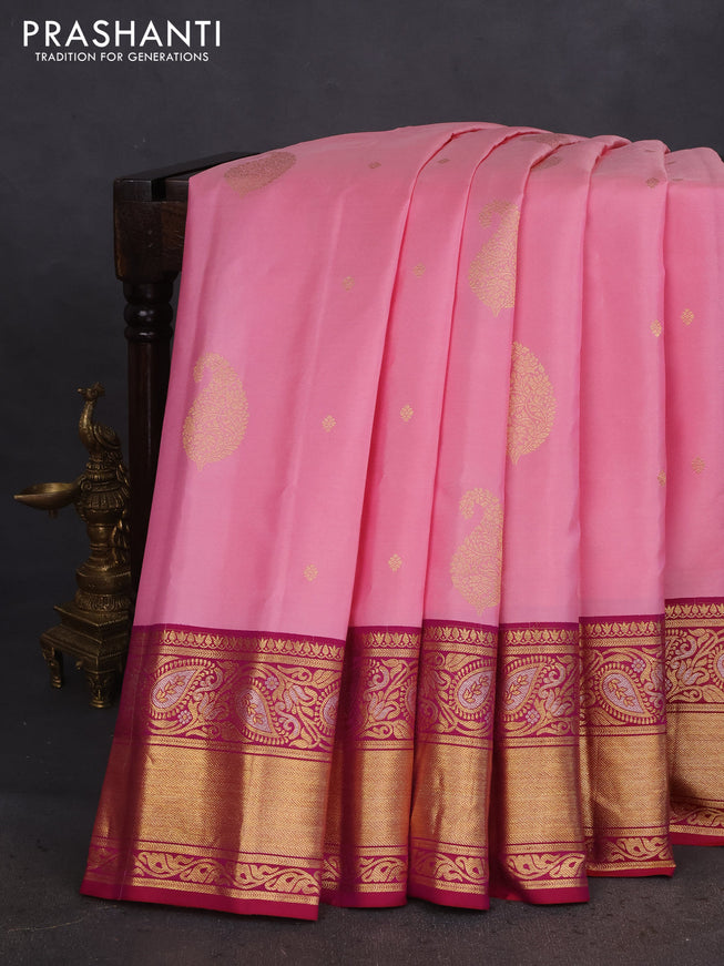 Pure gadwal silk saree peach pink and dark pink with zari woven buttas and zari woven border