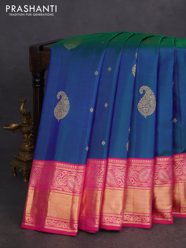 Pure gadwal silk saree dual shade of bluish green and pink with zari woven buttas and zari woven border