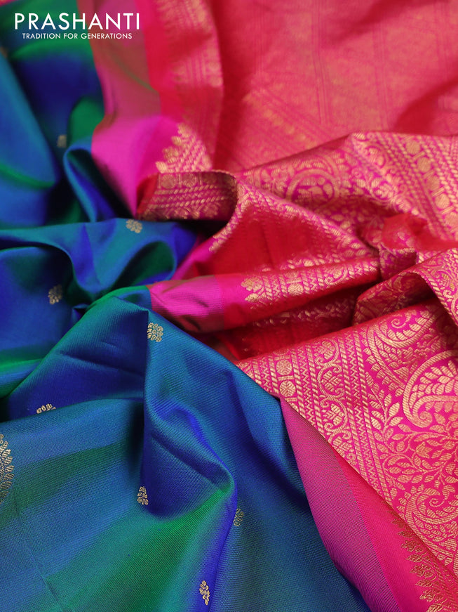 Pure gadwal silk saree dual shade of bluish green and pink with zari woven buttas and zari woven border