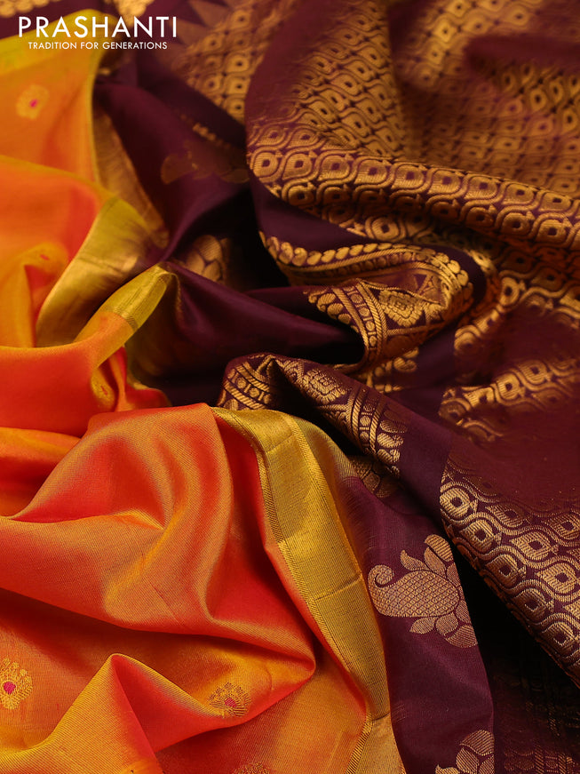 Pure gadwal silk saree dual shade of mustard yellow and deep maroon with zari woven buttas and temple design zari woven border