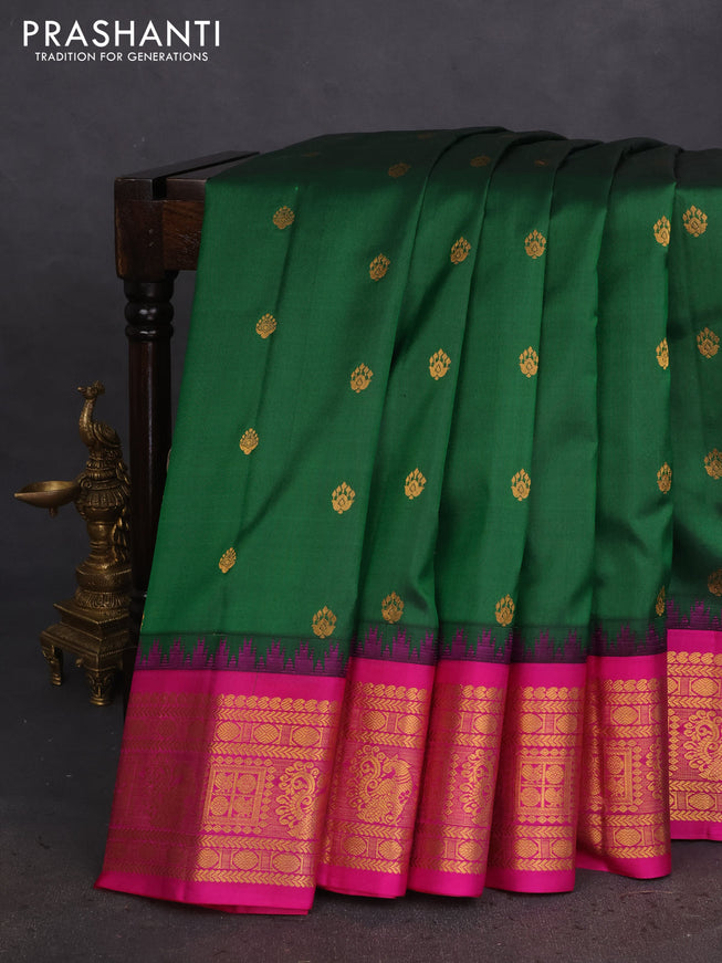 Pure gadwal silk saree gree and pink with zari woven buttas and temple design zari woven border