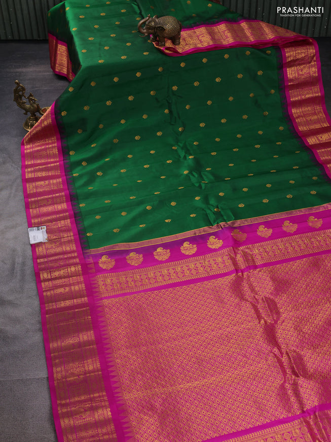 Pure gadwal silk saree gree and pink with zari woven buttas and temple design zari woven border
