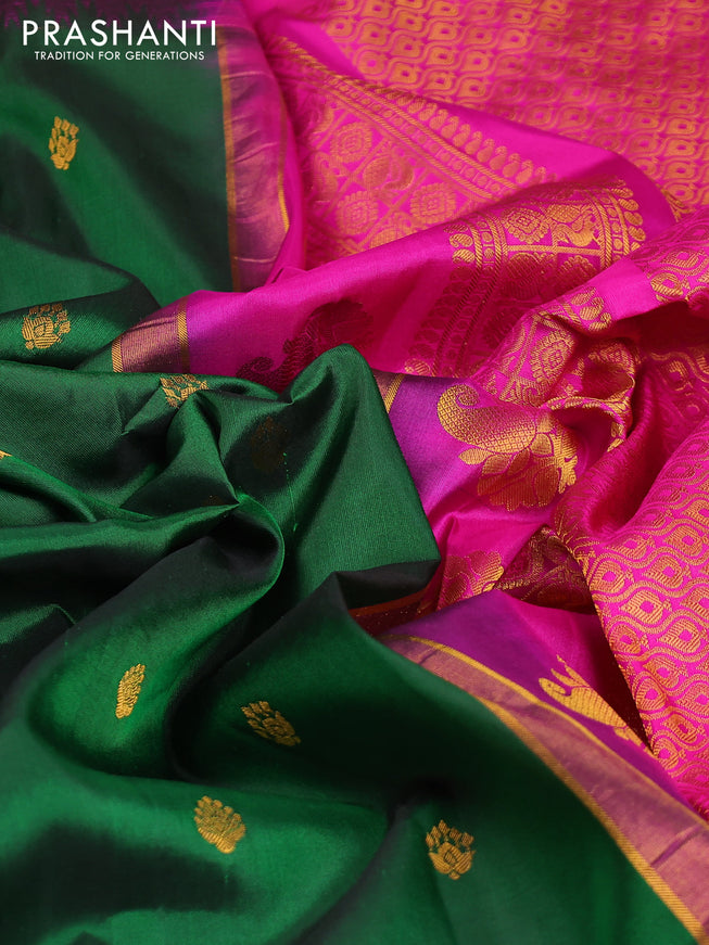 Pure gadwal silk saree gree and pink with zari woven buttas and temple design zari woven border