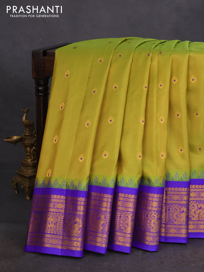 Pure gadwal silk saree light green and blue with zari woven buttas and temple design zari woven border