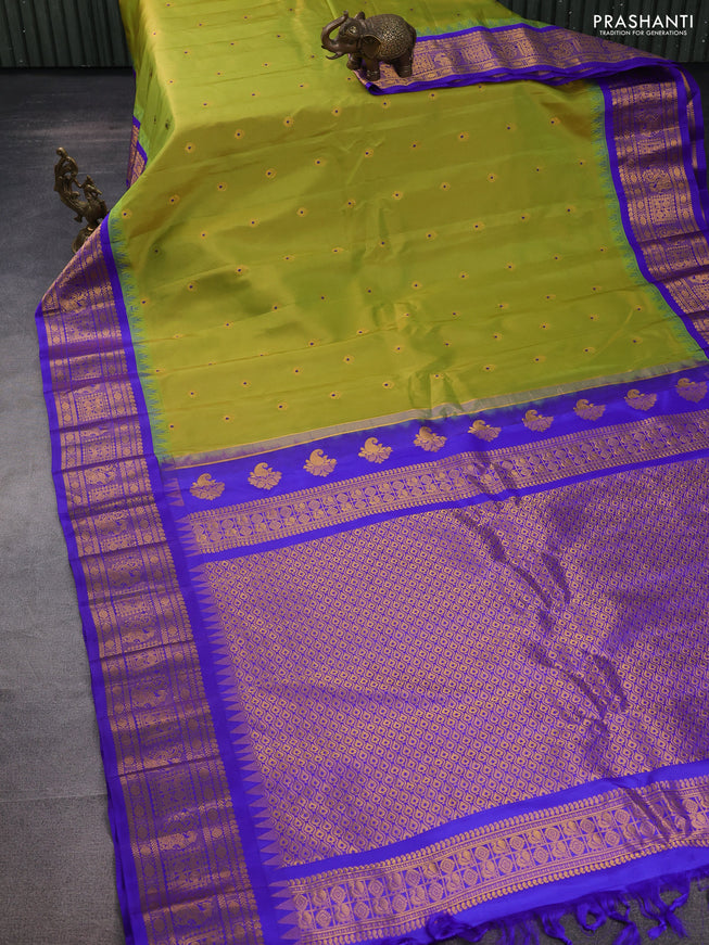 Pure gadwal silk saree light green and blue with zari woven buttas and temple design zari woven border