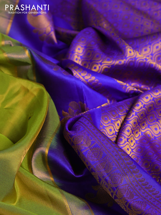 Pure gadwal silk saree light green and blue with zari woven buttas and temple design zari woven border