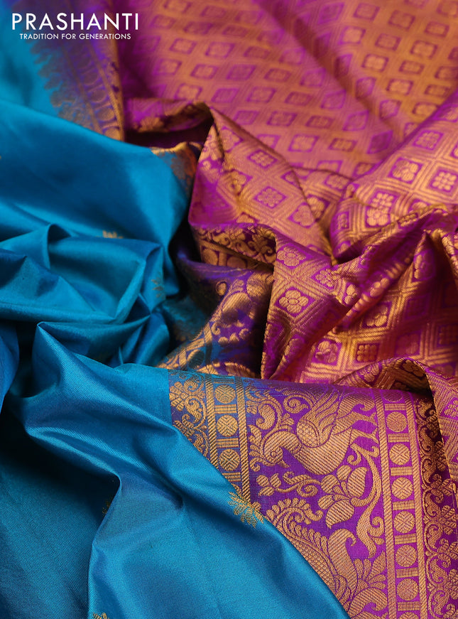 Pure gadwal silk saree teal blue and purple with zari woven buttas and temple design zari woven border
