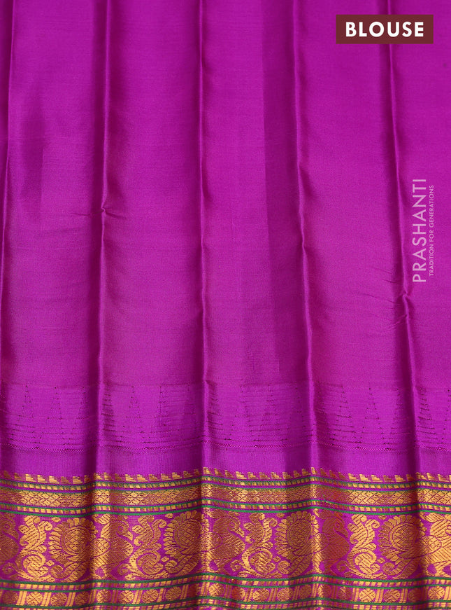 Pure gadwal silk saree teal blue and purple with zari woven buttas and temple design zari woven border