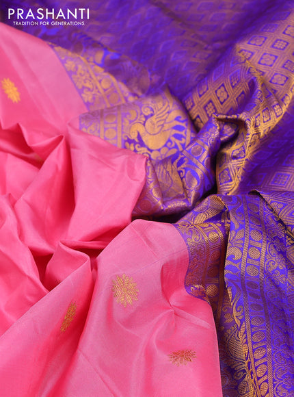 Pure gadwal silk saree light pink and blue with zari woven buttas and temple design zari woven border