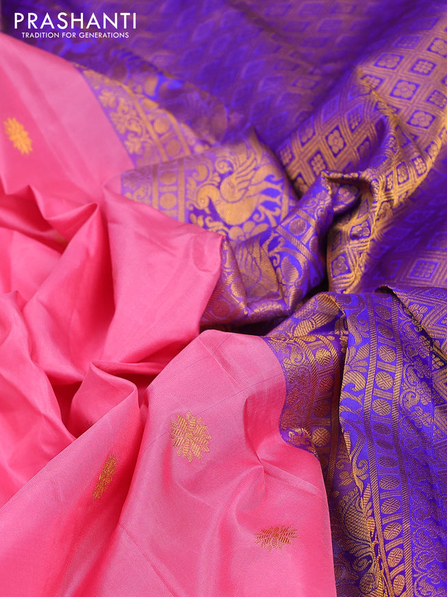 Pure gadwal silk saree light pink and blue with zari woven buttas and temple design zari woven border