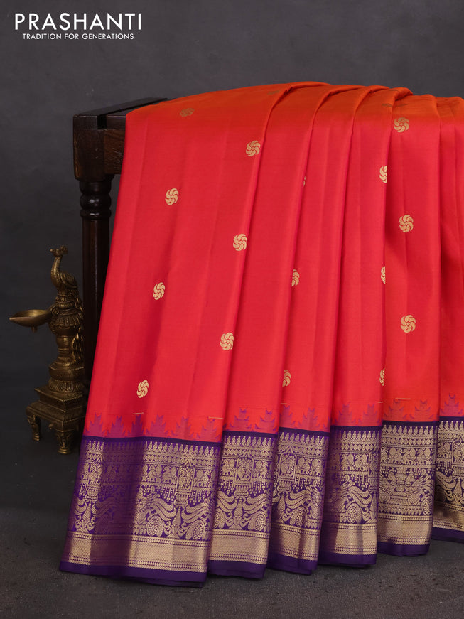Pure gadwal silk saree dual shade of pinkish orange and deep violet with zari woven buttas and temple design zari woven border