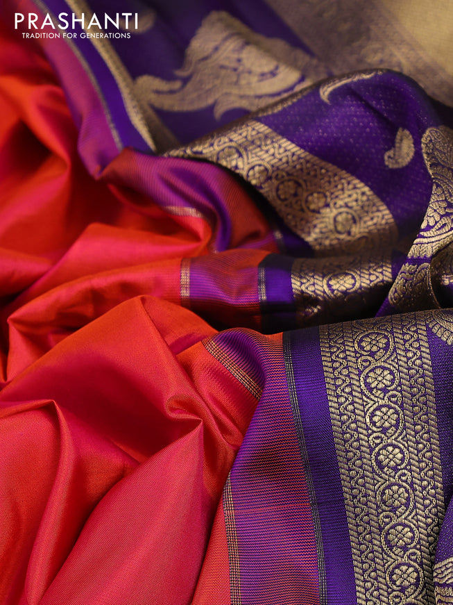 Pure gadwal silk saree dual shade of pinkish orange and deep violet with zari woven buttas and temple design zari woven border