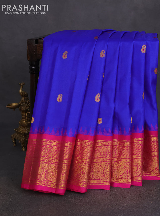 Pure gadwal silk saree blue and pink with zari woven buttas and temple design zari woven border