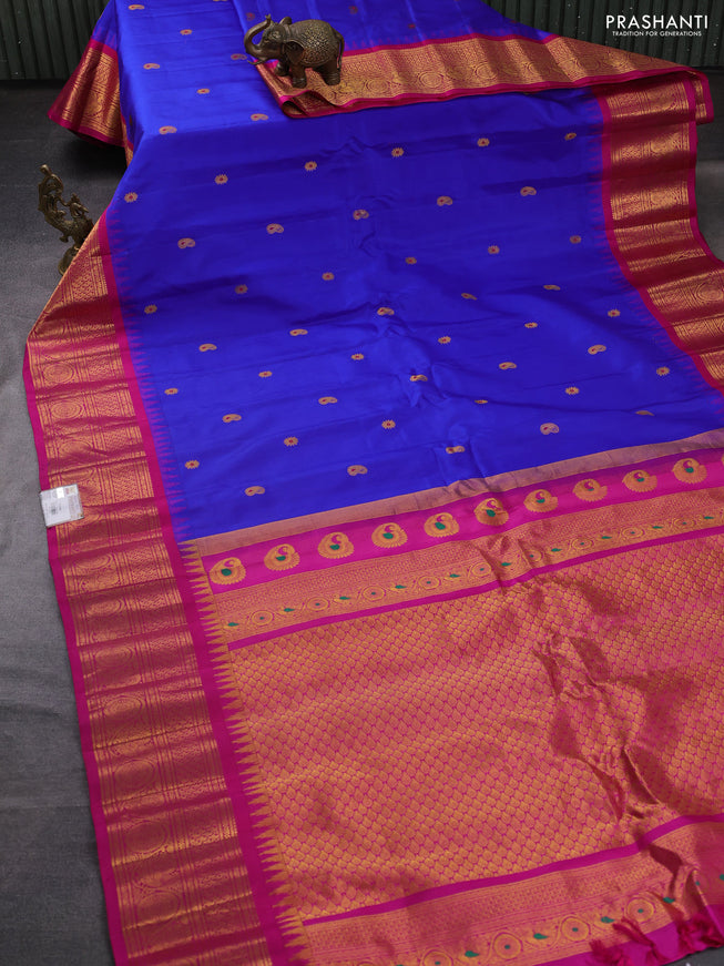 Pure gadwal silk saree blue and pink with zari woven buttas and temple design zari woven border