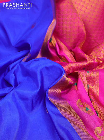 Pure gadwal silk saree blue and pink with zari woven buttas and temple design zari woven border