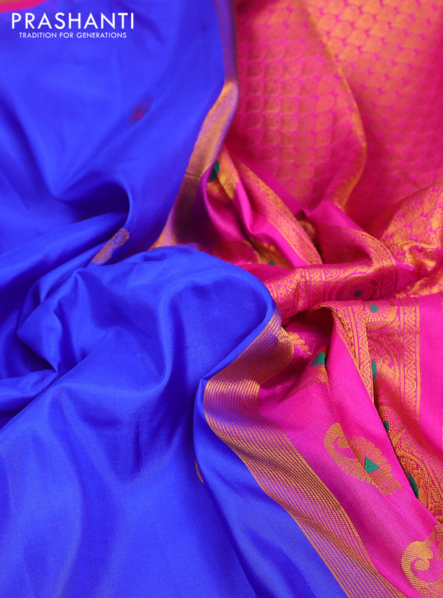 Pure gadwal silk saree blue and pink with zari woven buttas and temple design zari woven border